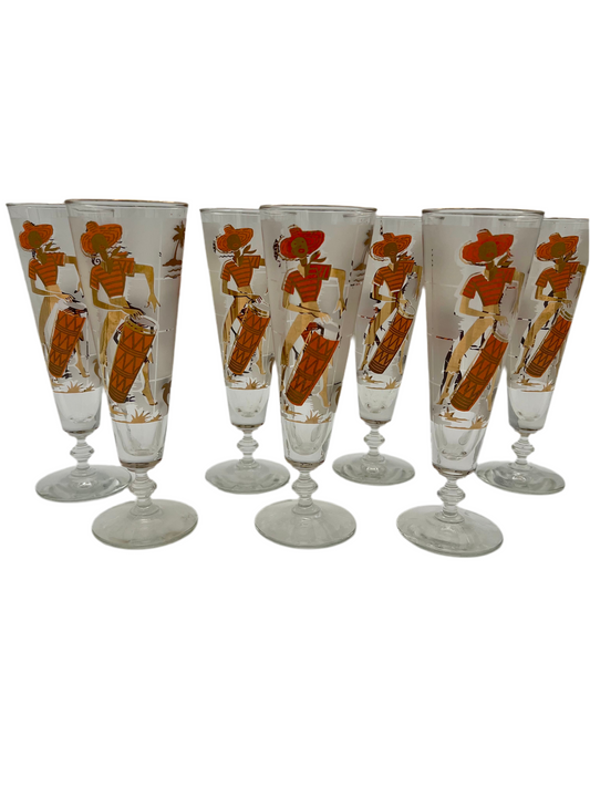 SET OF 7 1950s LIBBEY CARIBBEAN CALYPSO BEER GLASSES