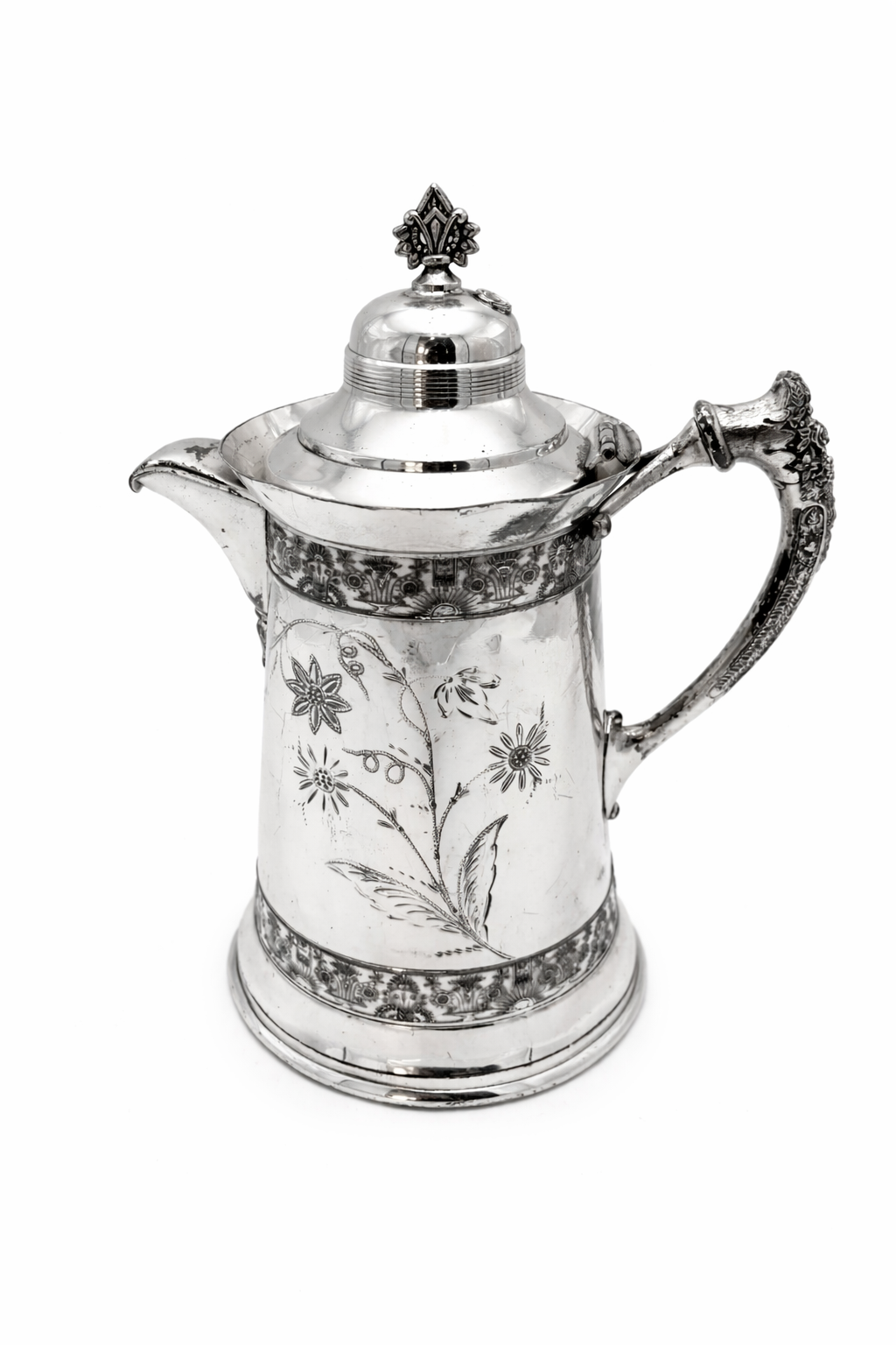 ANTIQUE AMERICAN SILVER PLATE CO QUADRUPLE SILVERPLATE COFFEE POT 14 INCH VICTORIAN FLORAL ENGRAVED ORNATE HANDLE AESTHETIC MOVEMENT