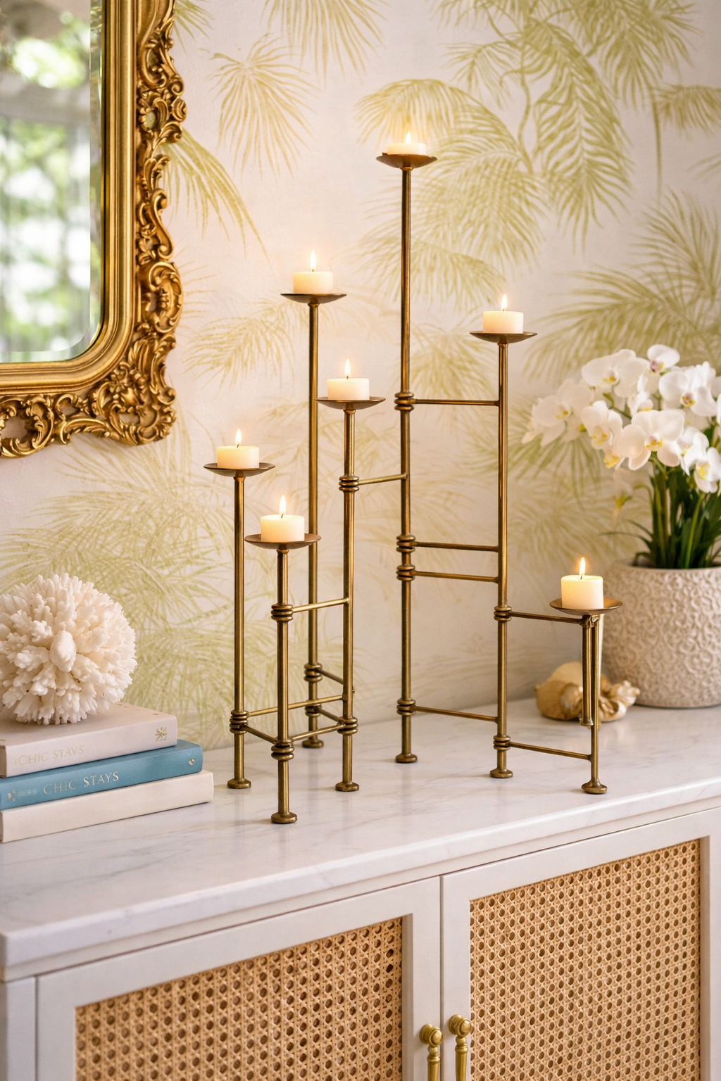 1970S MODERNIST BRASS SCULPTURAL CANDELABRA – ARCHITECTURAL LADDER DESIGN VOTIVE OR PILLAR CANDLE HOLDER CENTERPIECE, HOLLYWOOD REGENCY DECOR