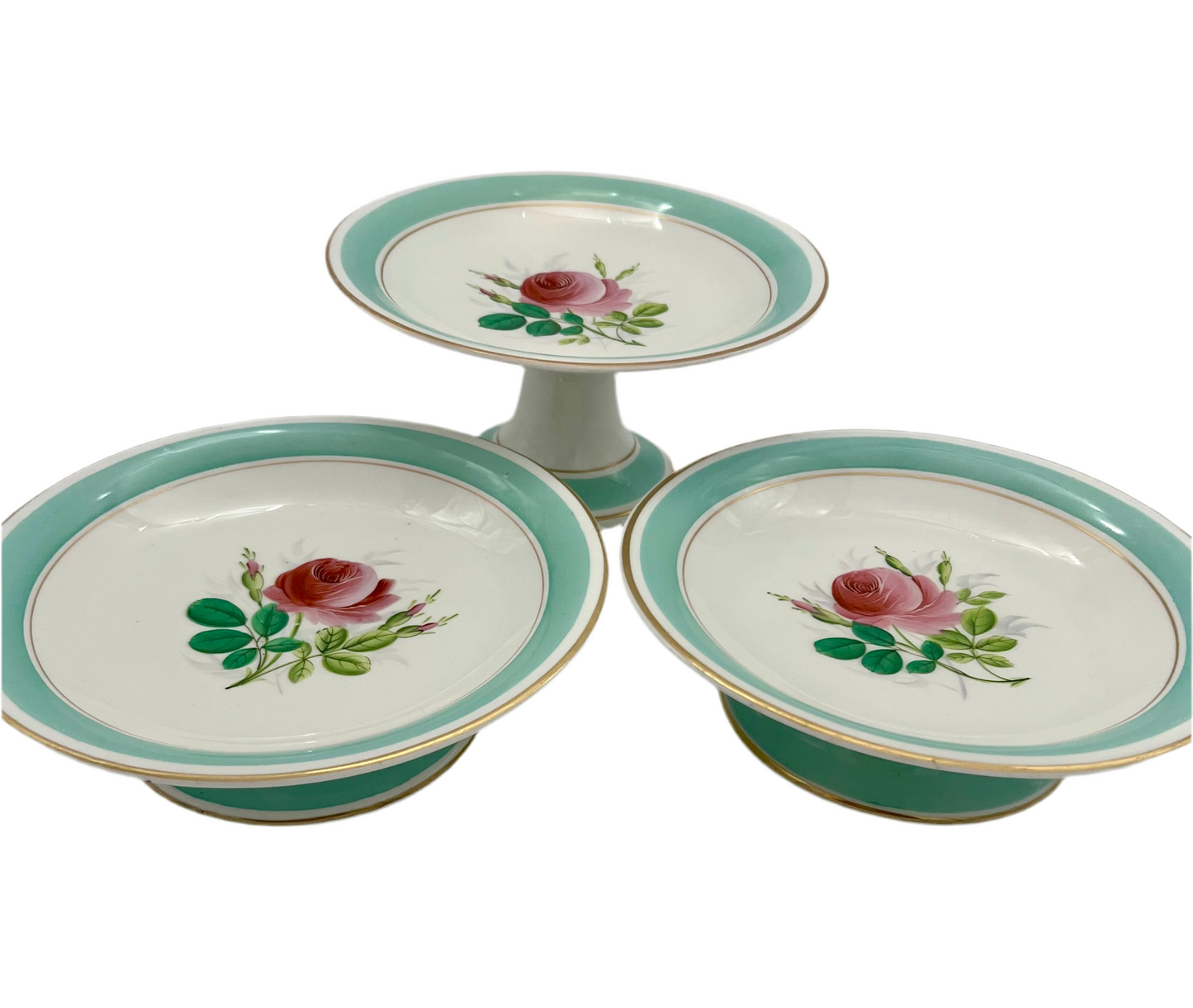 ANTIQUE TURQUOISE & ROSE PORCELAIN FOOTED COMPOTES – SET OF 3 EARLY 1900S PEDESTAL TAZZAS WITH GOLD TRIM – AUSTRIAN/BAVARIAN PORCELAIN