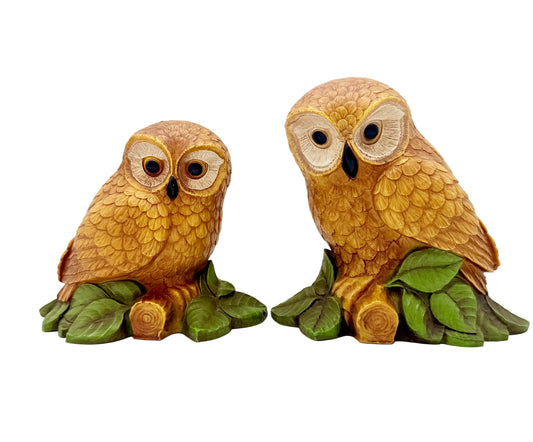 VINTAGE OWL FIGURINES PAIR | COTTAGECORE WOODLAND RESIN OWLS | LARGE AND SMALL DECORATIVE OWL SET