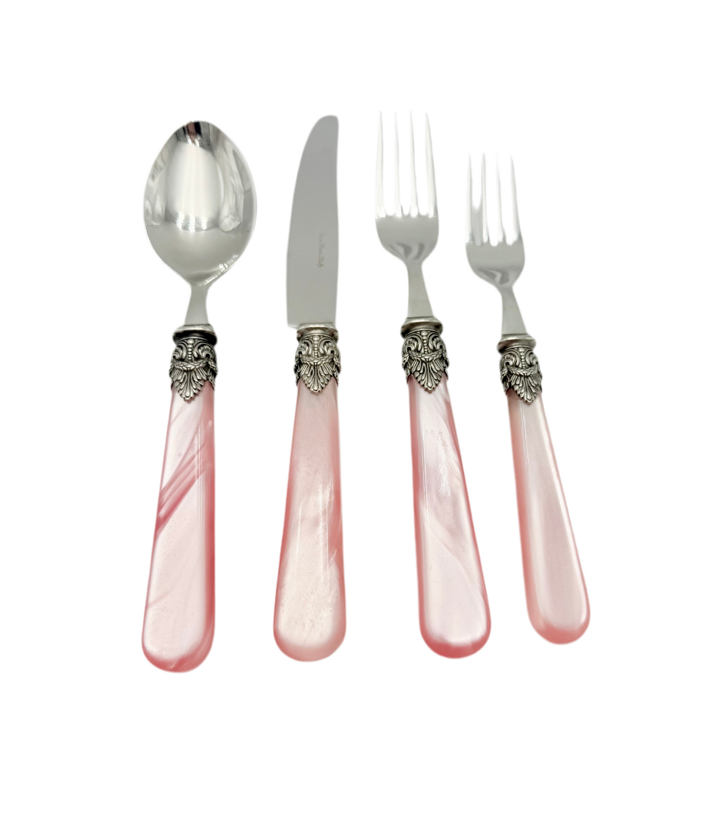 RARE PINK EME ZINOX ITALY FLATWARE SET – 4 PIECE LUXURY PLACE SETTING WITH ORNATE SILVER DETAIL – VINTAGE ITALIAN TABLEWARE