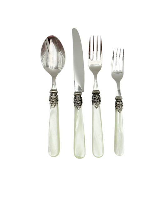 VINTAGE EME ZINOX ITALY MOTHER OF PEARL FLATWARE SET – 4 PIECE LUXURY PLACE SETTING WITH ORNATE SILVER DETAIL