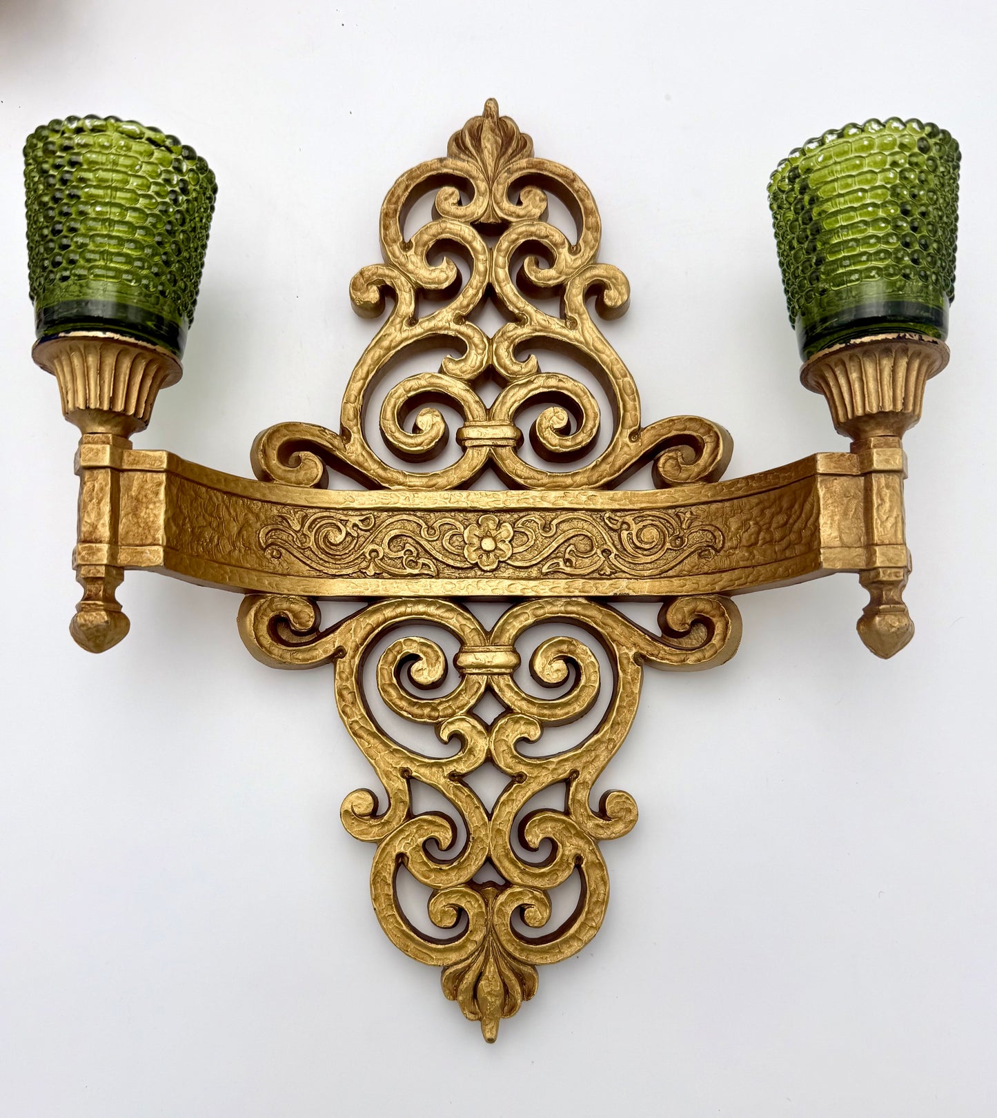 VINTAGE 1969 SYROCO GOLD SCROLL WALL SCONCES WITH GREEN HOBNAIL GLASS CUPS