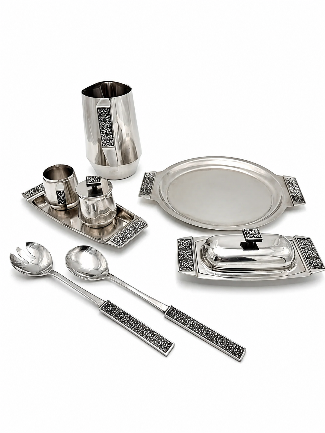 VINTAGE STANLEY ROBERTS BURGUNTINE-VELVET STAINLESS STEEL ENTERTAINING COLLECTION WITH ORIGINAL BOXES