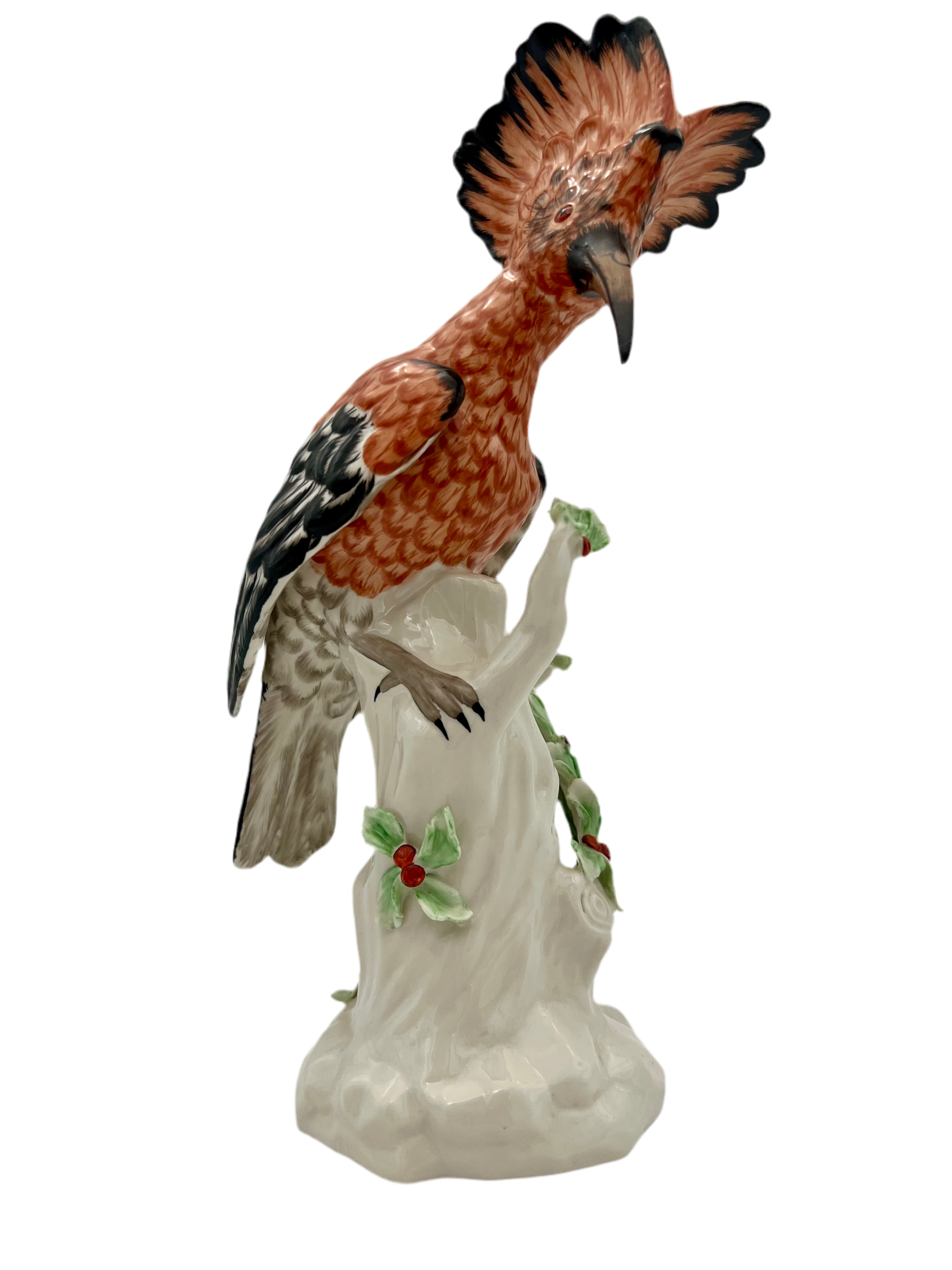German Dresden-Style Hoopoe Bird Porcelain Figurine, Exotic Bird on Stump, 12” Tall