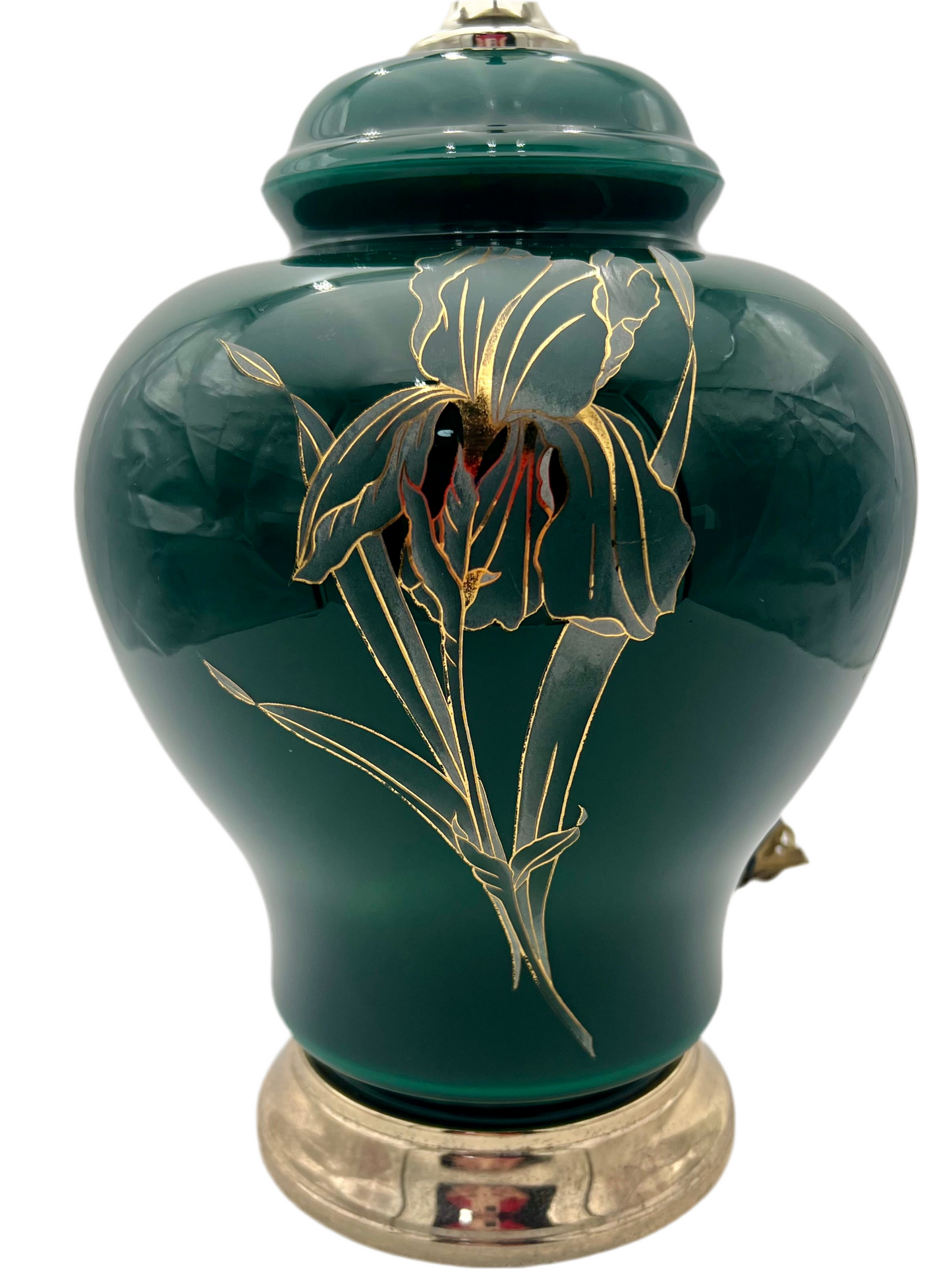 VINTAGE HOLLYWOOD REGENCY REVIVAL EMERALD GREEN ART GLASS LAMP WITH GILT IRIS – CIRCA 1970s–1980s – 17″
