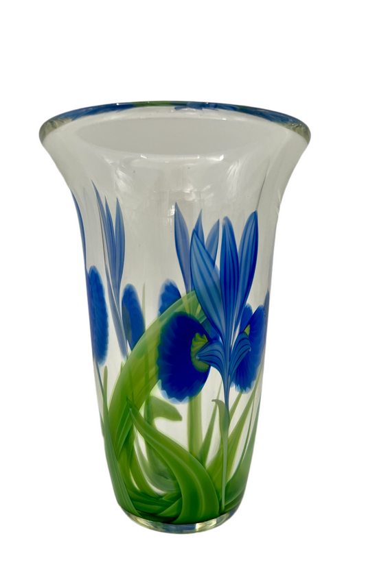 ORIENT & FLUME ART GLASS VASE – SIGNED BLUE FLORAL DESIGN WITH ORIGINAL LABEL