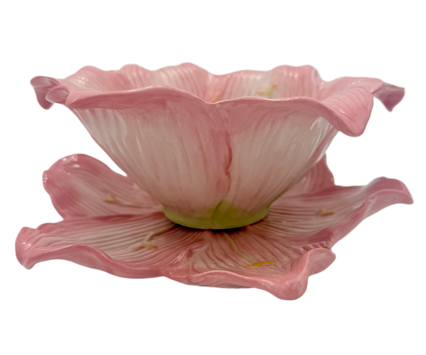 Vintage Pink Lily Ceramic Bowl & Plate Set by Nanette Vacher for Ambiance – 1990s Floral Bowl Set – Cottagecore Pink Decor – Set of 8