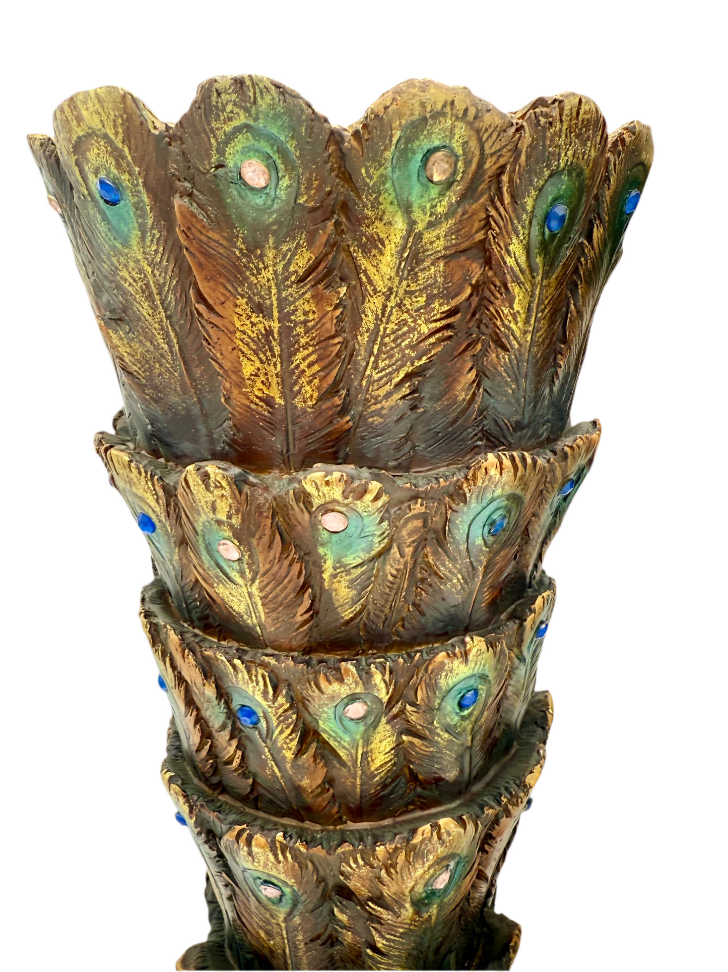 PAIR OF VINTAGE PEACOCK FEATHER VASES WITH JEWEL ACCENTS AND MOTHER-OF-PEARL INLAY