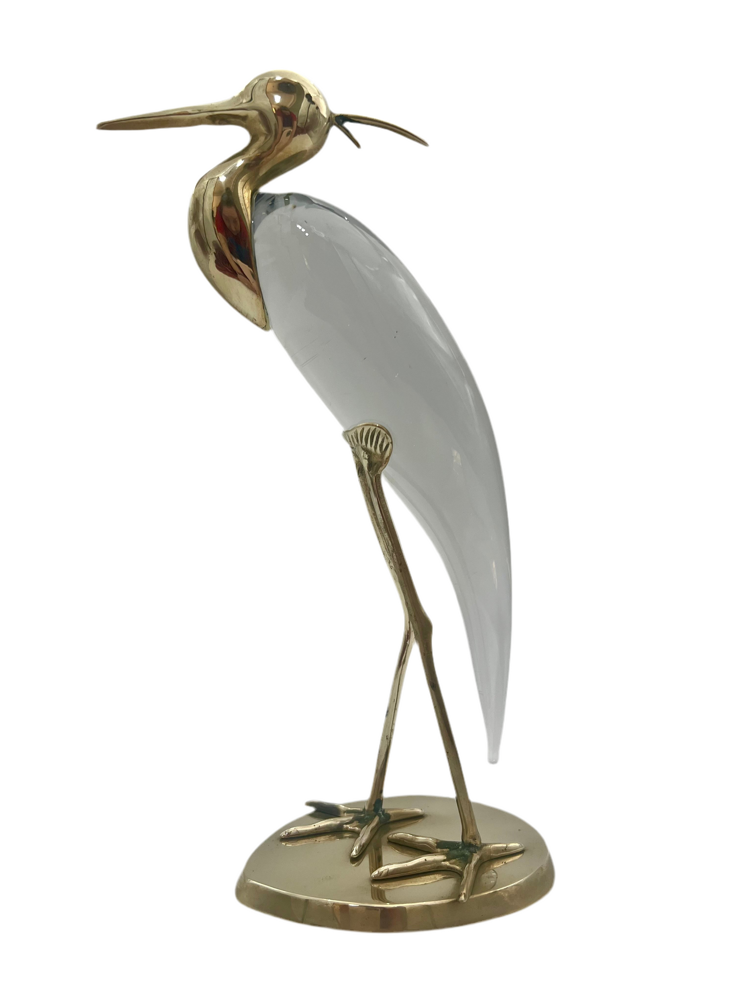 ITALIAN BRASS & GLASS HERON SCULPTURE – ATTRIBUTED TO LUCA BOJOLA – 11.25” MID-CENTURY