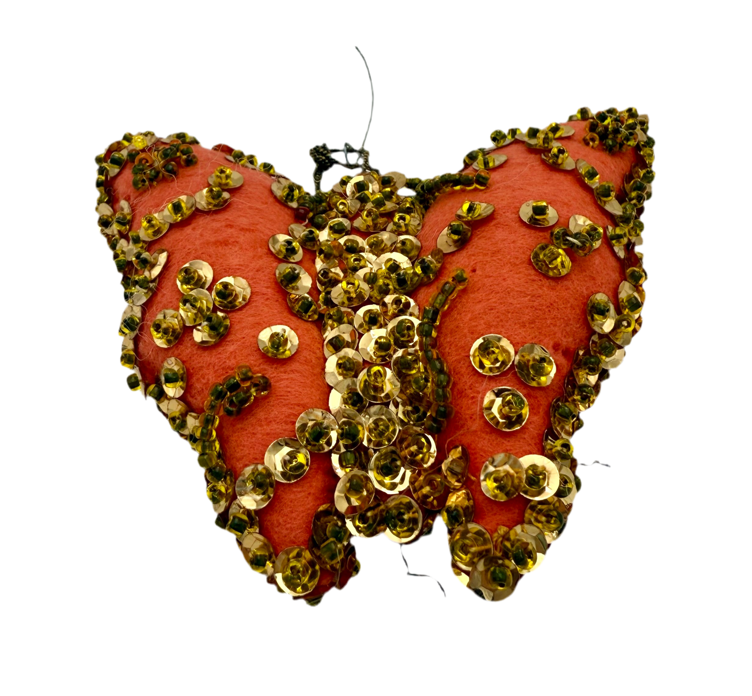 VINTAGE SEQUINED FELT BUTTERFLY ORNAMENT – 1960s HANDMADE MID-CENTURY DECOR – GOLD SEQUINS ON CORAL FELT