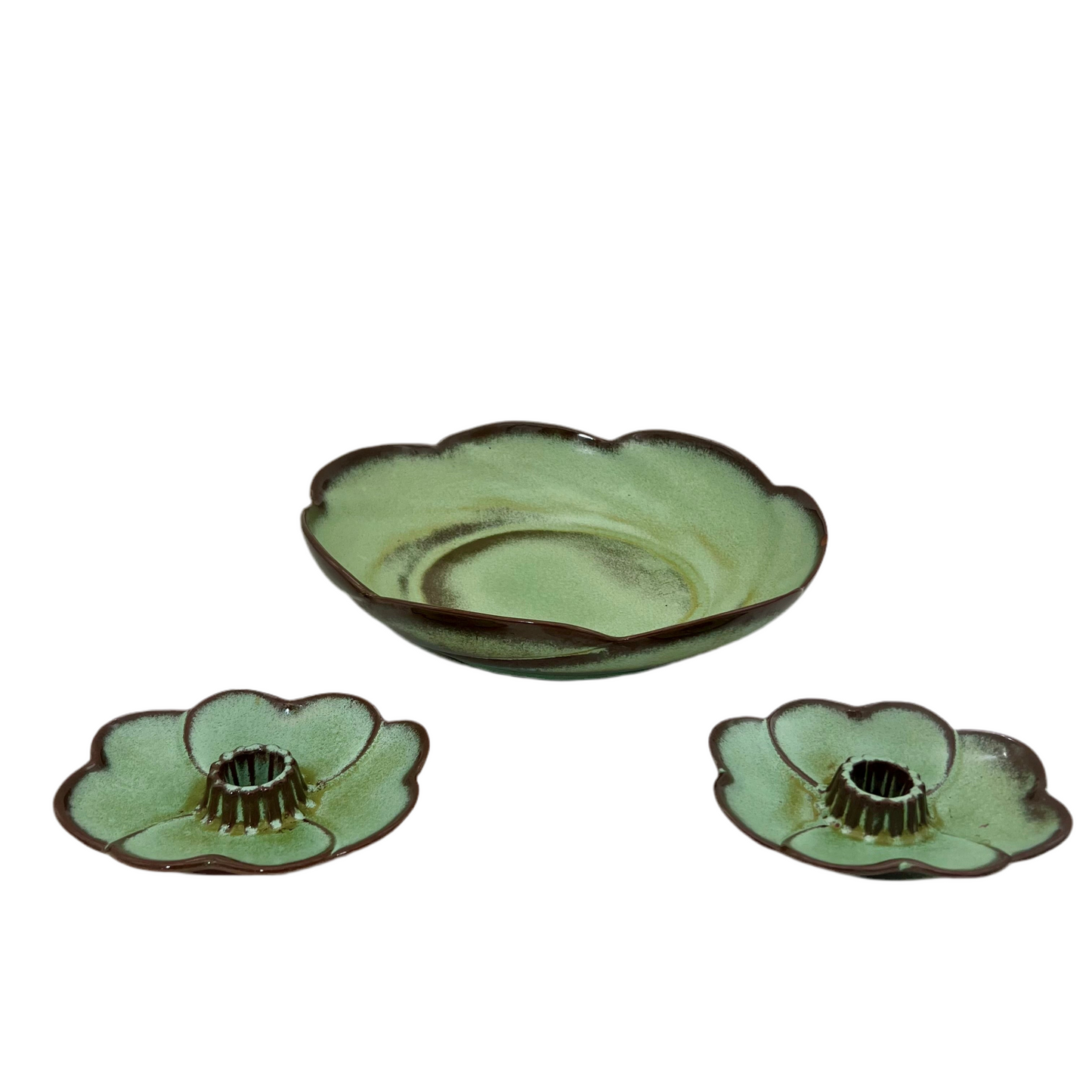 VINTAGE FRANKOMA SCALLOPED GREEN FLOWER CENTERPIECE BOWL WITH MATCHING CANDLE HOLDERS | MID CENTURY POTTERY SET