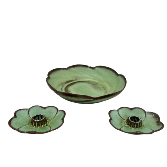 VINTAGE FARMHOUSE SCALLOPED FRANKOMA POTTERY CENTERPIECE SET