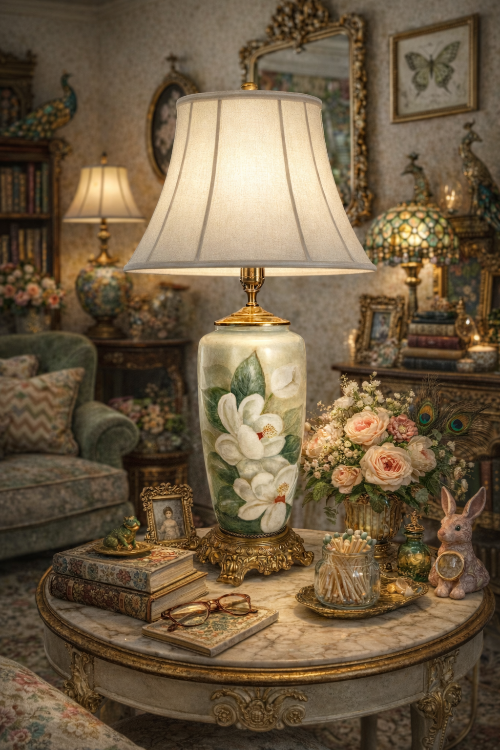 MID CENTURY MAGNOLIA PORCELAIN LARGE TABLE LAMP