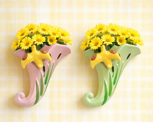 PAIR of Vintage Onondaga Pottery Wall Pockets – Pink & Green Calla Lily with Birds – Mid Century Ceramic Wall Decor