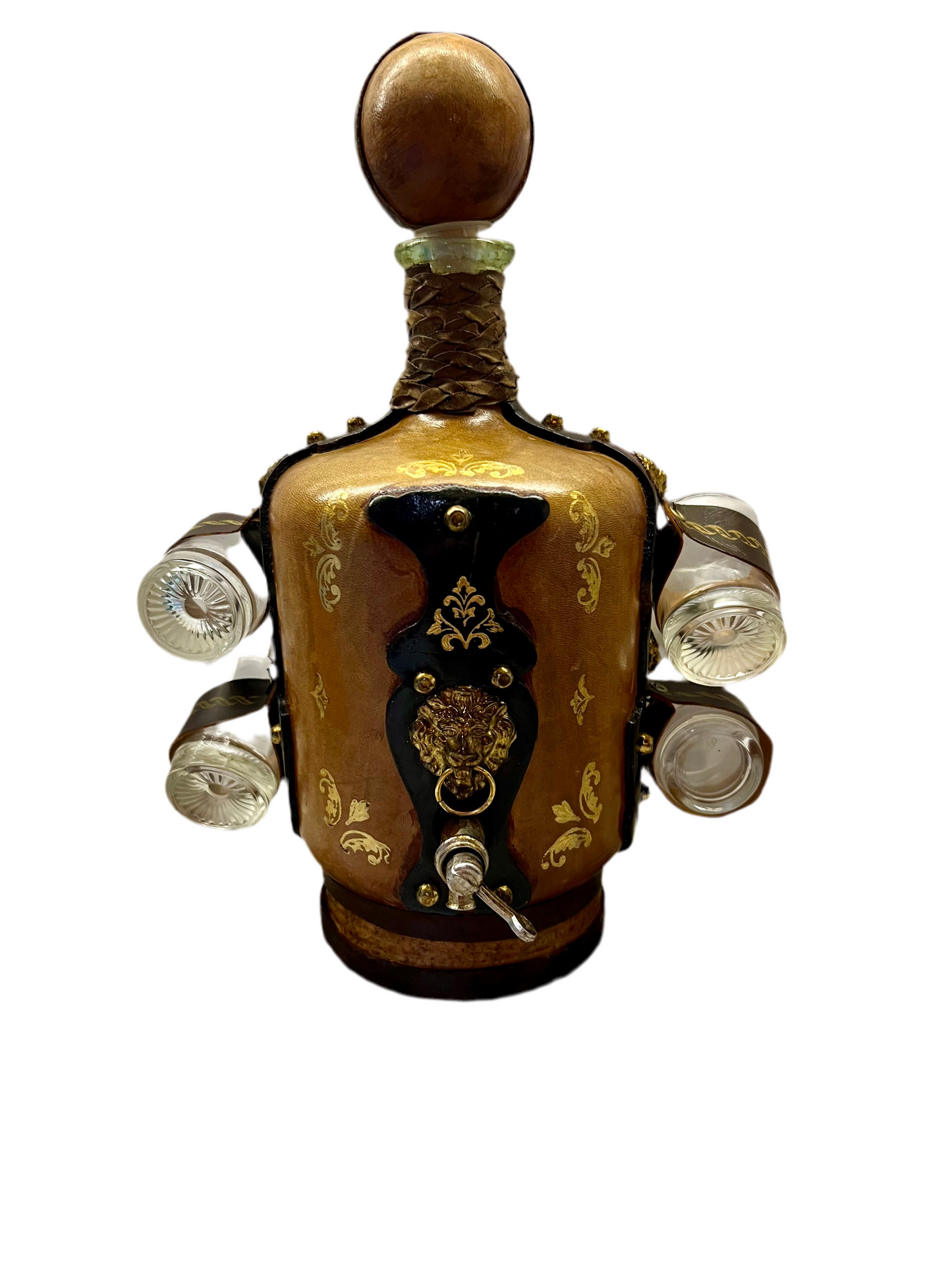 VINTAGE LEATHER WRAPPED WHISKY JUG WITH BRASS TAP AND4 LEATHER WRAPPED SHOT GLASSES
