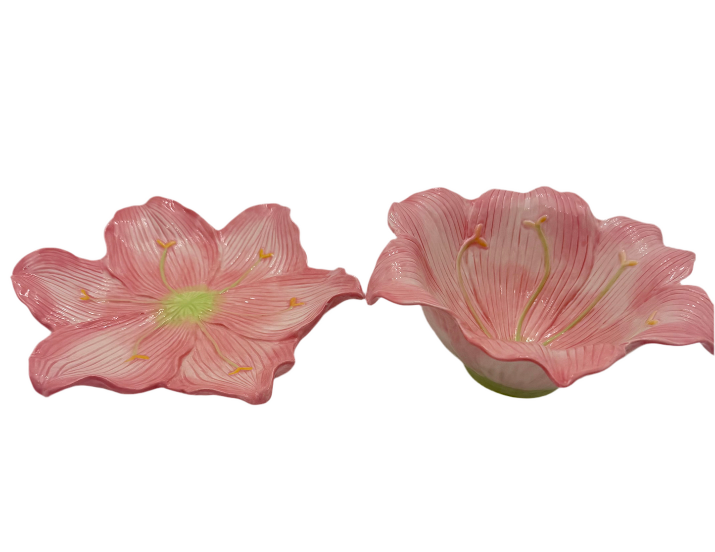 Vintage Pink Lily Ceramic Bowl & Plate Set by Nanette Vacher for Ambiance – 1990s Floral Bowl Set – Cottagecore Pink Decor – Set of 8