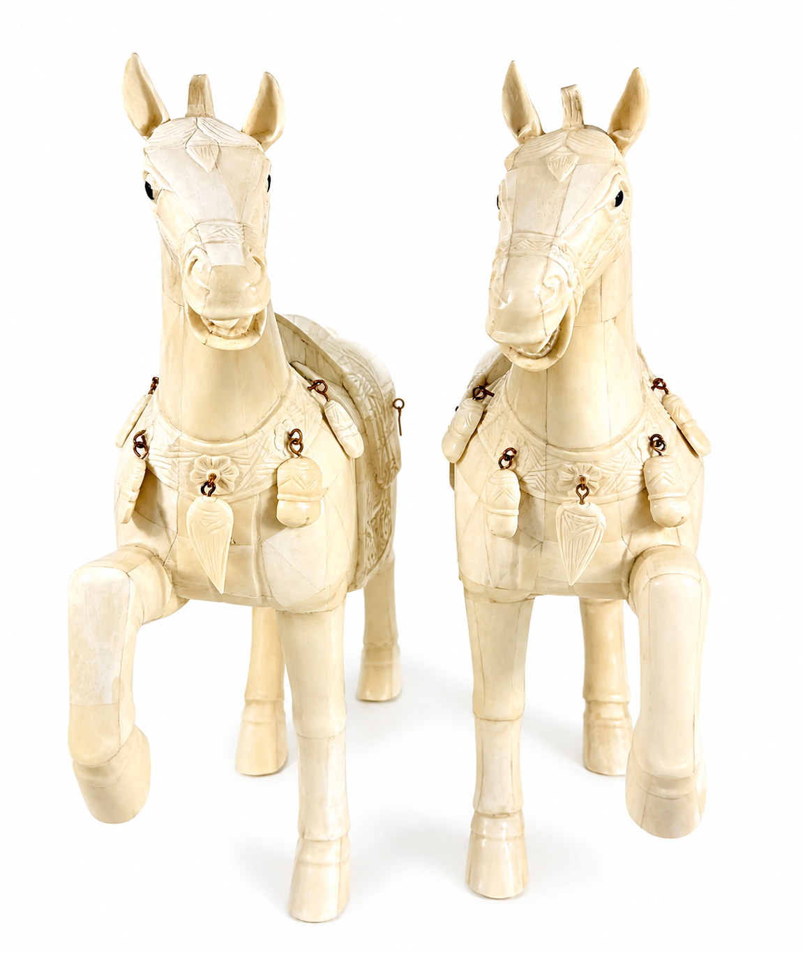 VINTAGE PAIR OF CHINESE TANG STYLE TESSELLATED BONE HORSE SCULPTURES