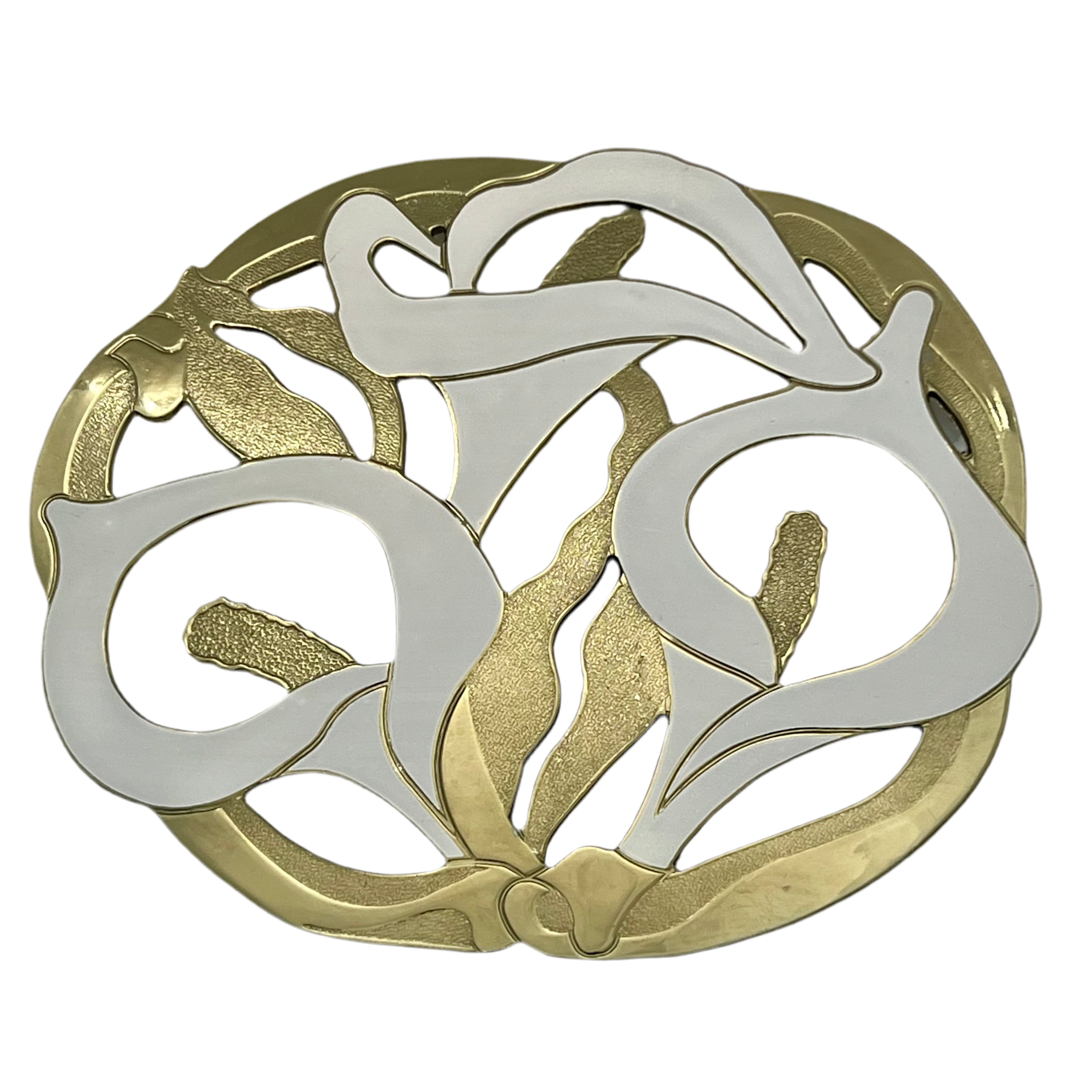 VINTAGE BRASS AND WHITE ENAMEL CALLA LILY TRIVET