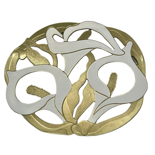 1980s BRASS CALLA LILY GOLD AND IVORY TRIVET