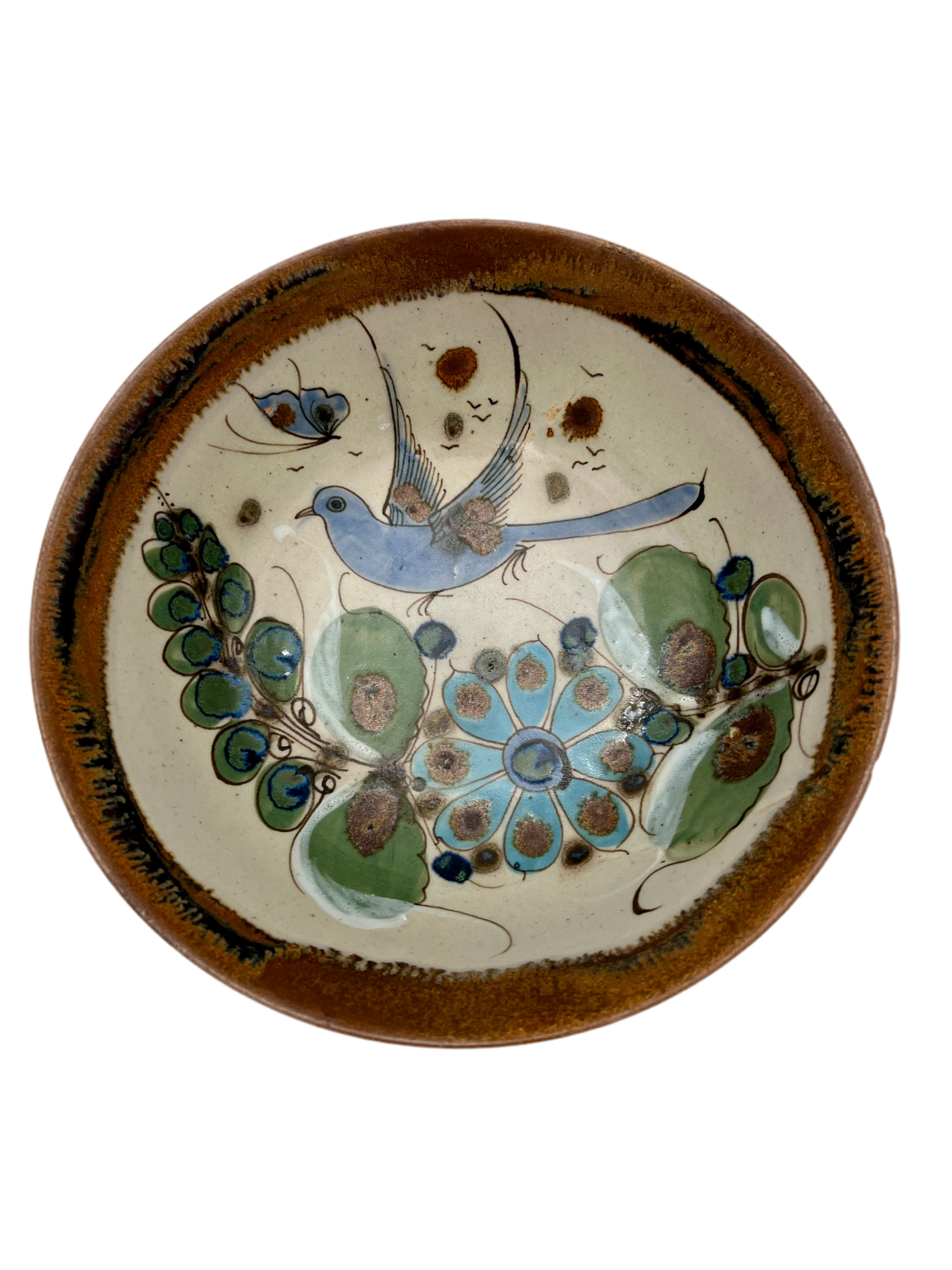 VINTAGE SIGNED MID CENTURY STUDIO POTTERY BOWL WITH BIRD & FLORAL MOTIF – 9”