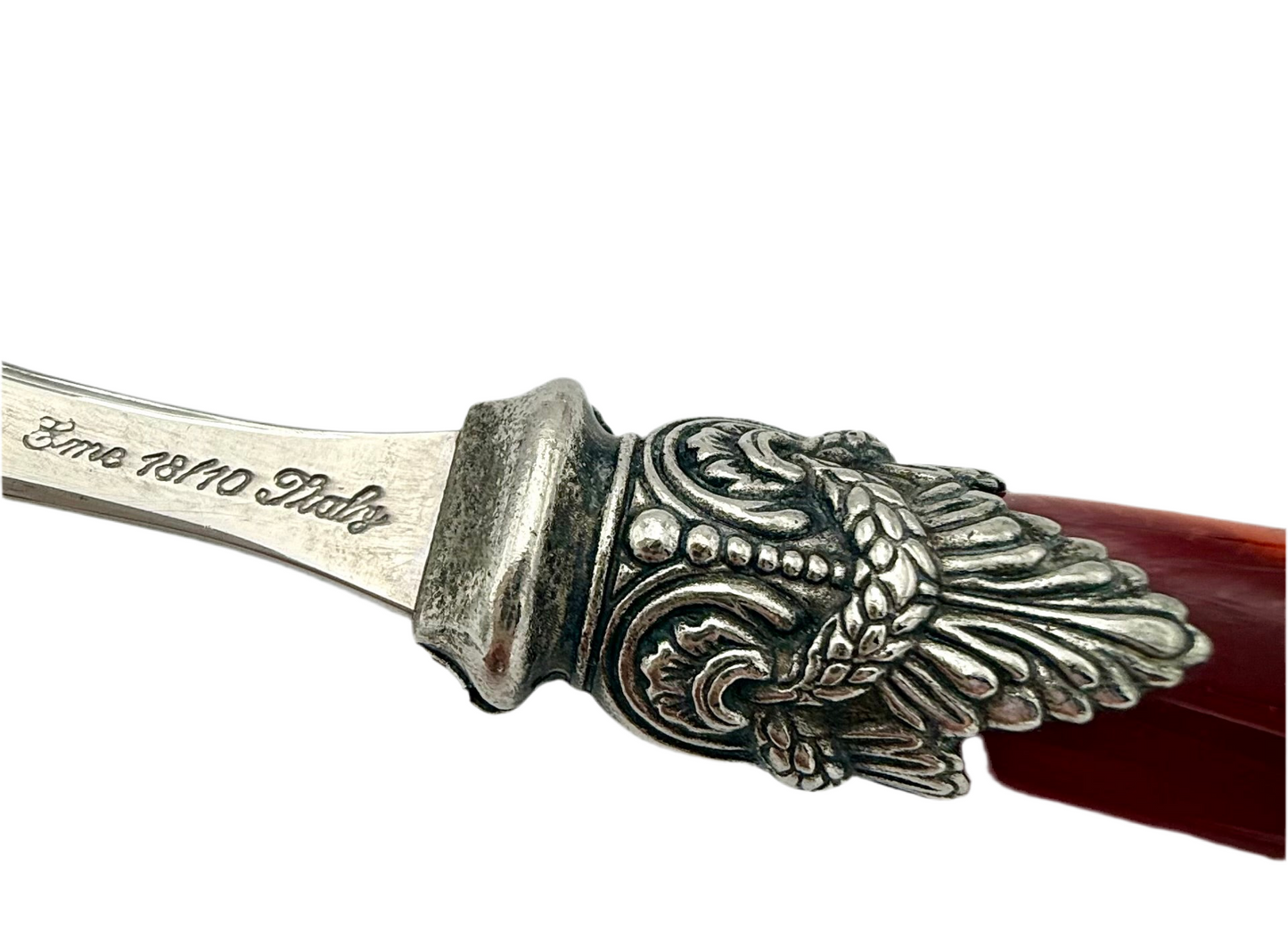 VINTAGE EME ZINOX ITALY KNIFE – BURGUNDY LUCITE HANDLE SILVERWARE – ORNATE ITALIAN DETAIL