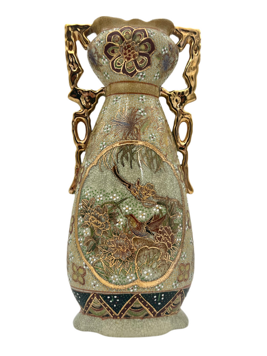 Antique Japanese Satsuma-Style Vase with Gilt Handles | Hand-Painted Floral & Bird Motifs | Crackle Glaze Pottery