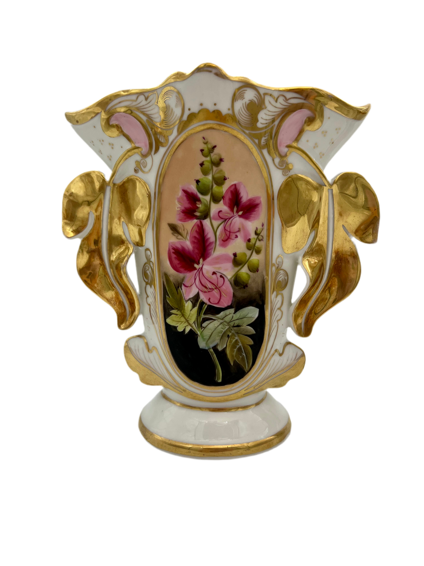 PAIR OF ANTIQUE VICTORIAN PORCELAIN MANTEL VASES – HAND-PAINTED FLORAL & GOLD GILT ACCENTS