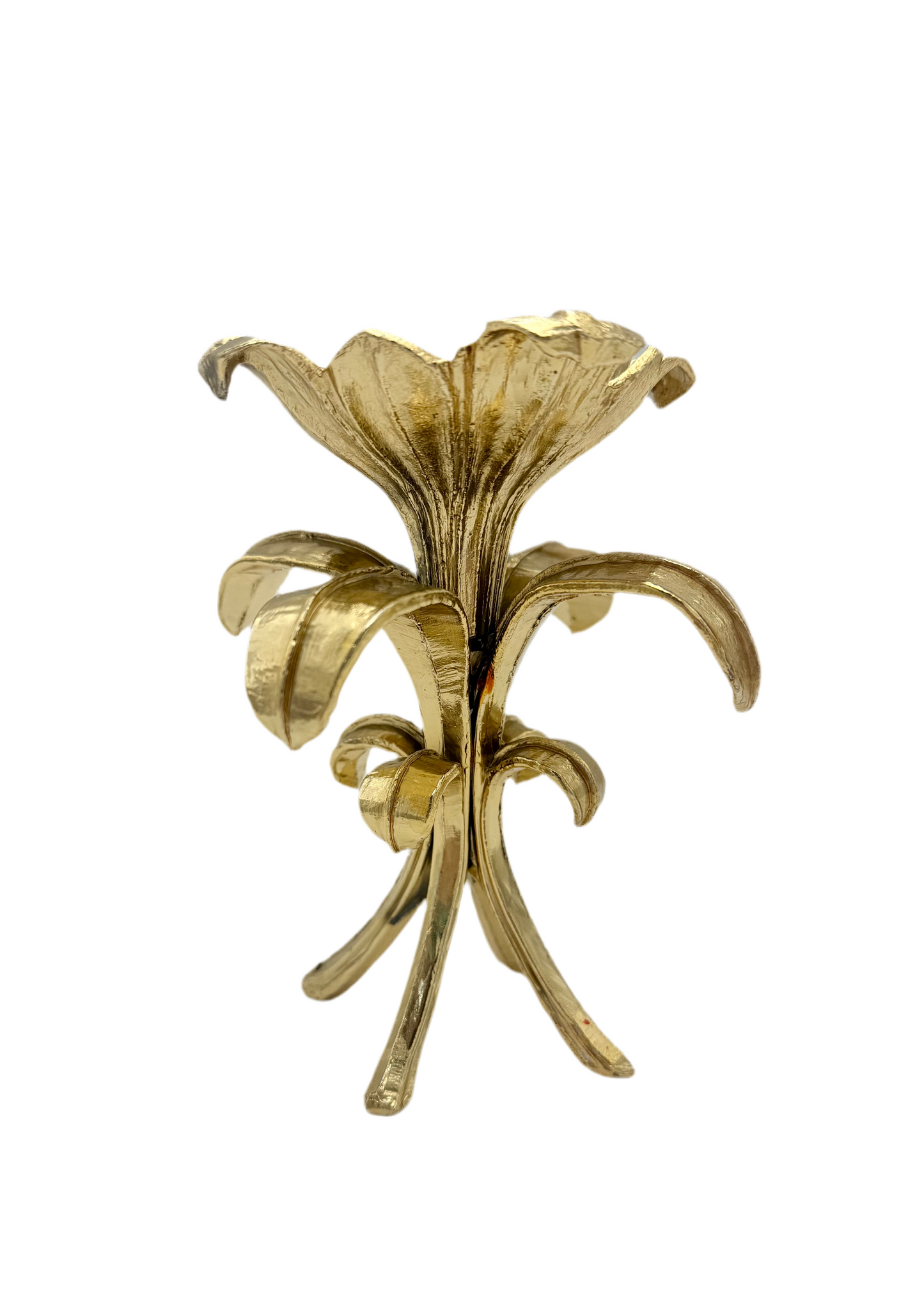 VINTAGE ITALIAN GILT TOLE LILY FLOWER CANDLE HOLDER – HOLLYWOOD REGENCY GOLD FLORAL DECOR – 1950s FLORENTINE STYLE – 5.5” TALL