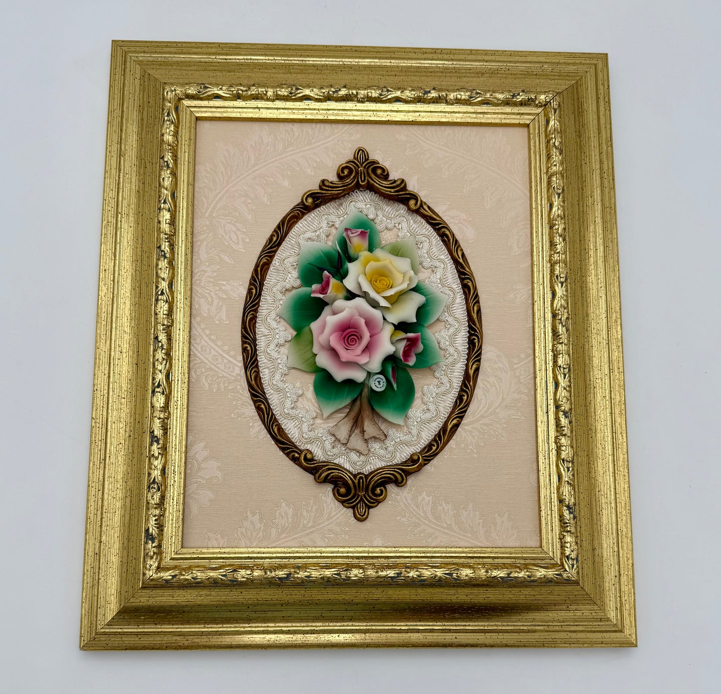 CREAZIONI ARTISTICHE DI CAPODIMONTE – VINTAGE ITALIAN PORCELAIN FLORAL WALL PLAQUES – GOLD GILT FRAMES – 16.5” × 14” – SET OF TWO