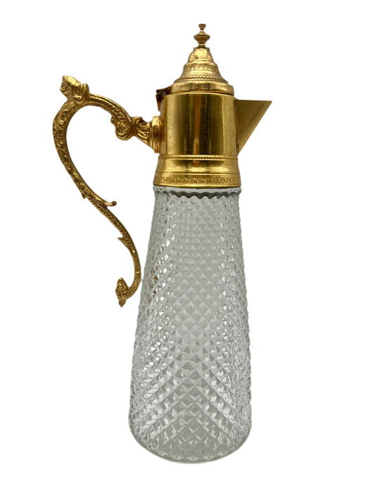 ANTIQUE ART DECO DIAMOND TIP CRYSTAL  AND GILT LION HEAD HANDLE JUG, CIRCA  1930’S