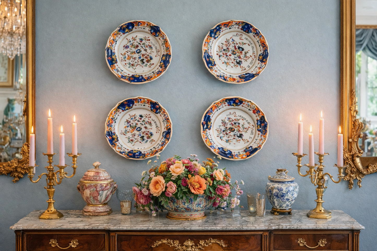 SET OF 4 ANTIQUE MASON’S IRONSTONE IMARI DINNER PLATES 10.5” | MID 19TH CENTURY ENGLISH CHINOISERIE