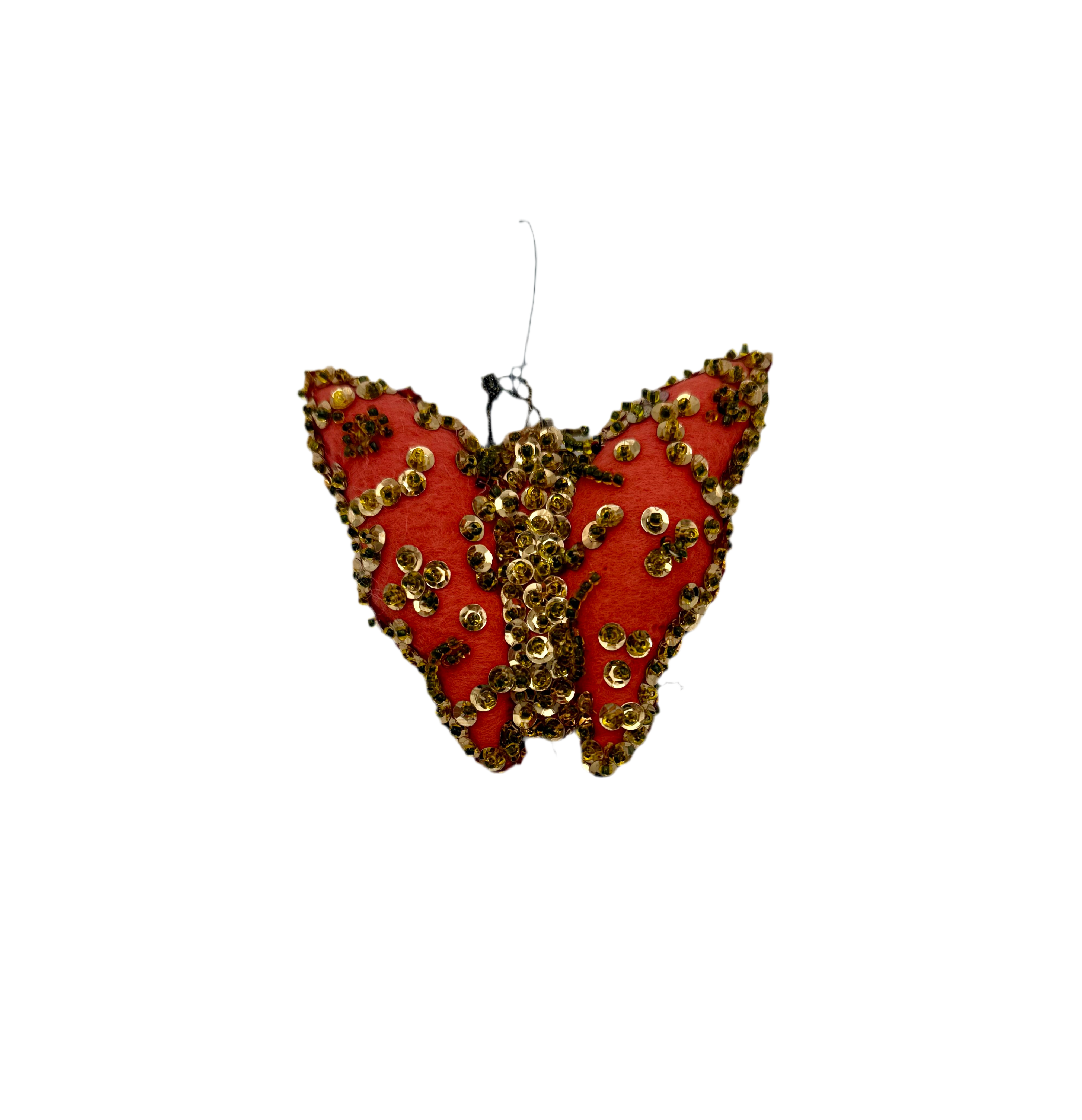 VINTAGE SEQUINED FELT BUTTERFLY ORNAMENT – 1960s HANDMADE MID-CENTURY DECOR – GOLD SEQUINS ON CORAL FELT