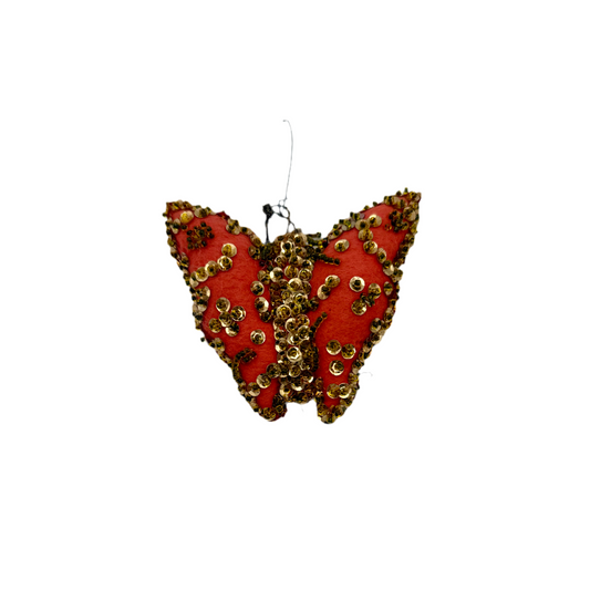 VINTAGE SEQUINED FELT BUTTERFLY ORNAMENT – 1960s HANDMADE MID-CENTURY DECOR – GOLD SEQUINS ON CORAL FELT