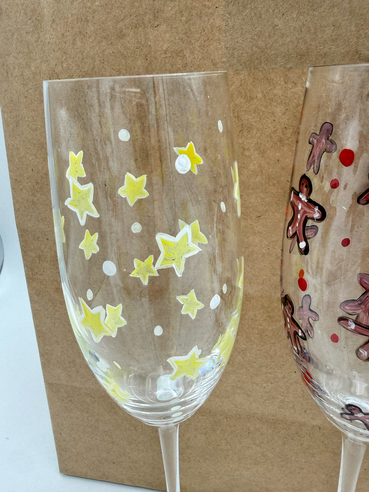 Hand Painted Christmas Champagne Flutes Set of 4, Vintage Holiday Glasses, Angels Reindeer Gingerbread Stars, Whimsical Stemware