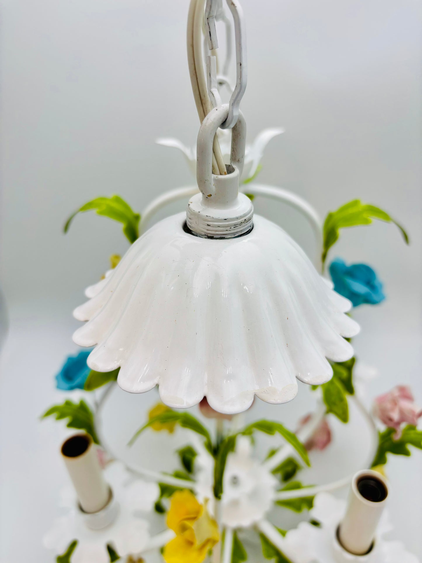 VINTAGE ITALIAN TOLE FLORAL CHANDELIER – HAND PAINTED HOLLYWOOD REGENCY EUROPEAN GARDEN LIGHTING