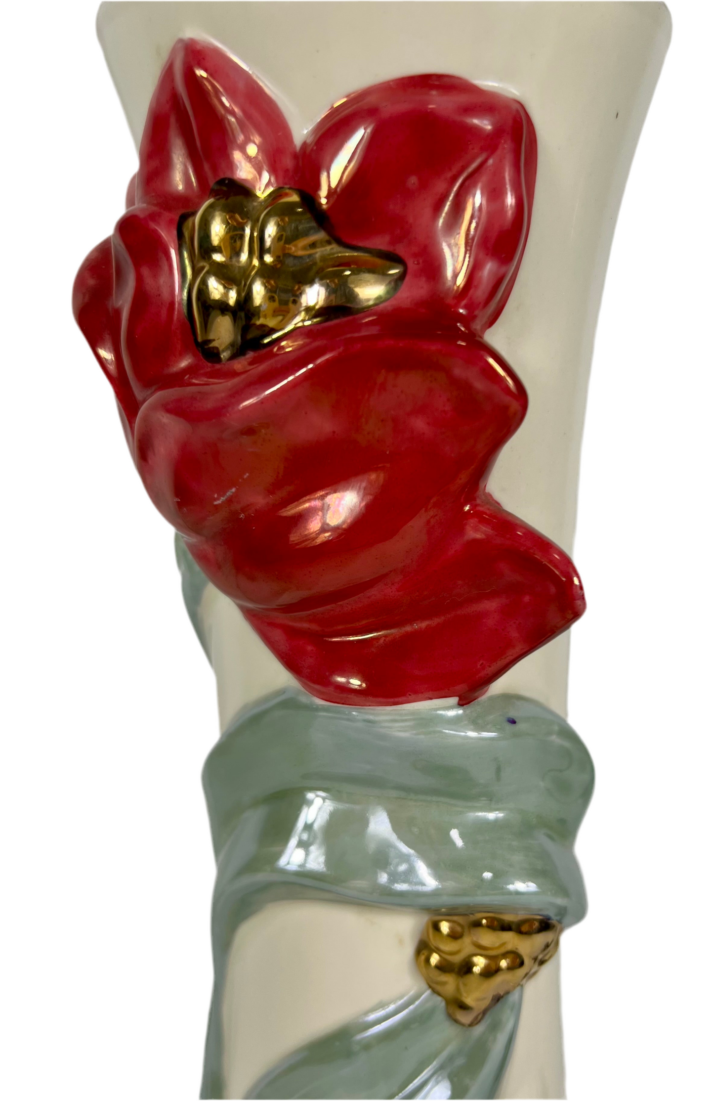 VINTAGE FLORAL CERAMIC LAMP – RED BLOOM WITH GOLDEN TOUCHES