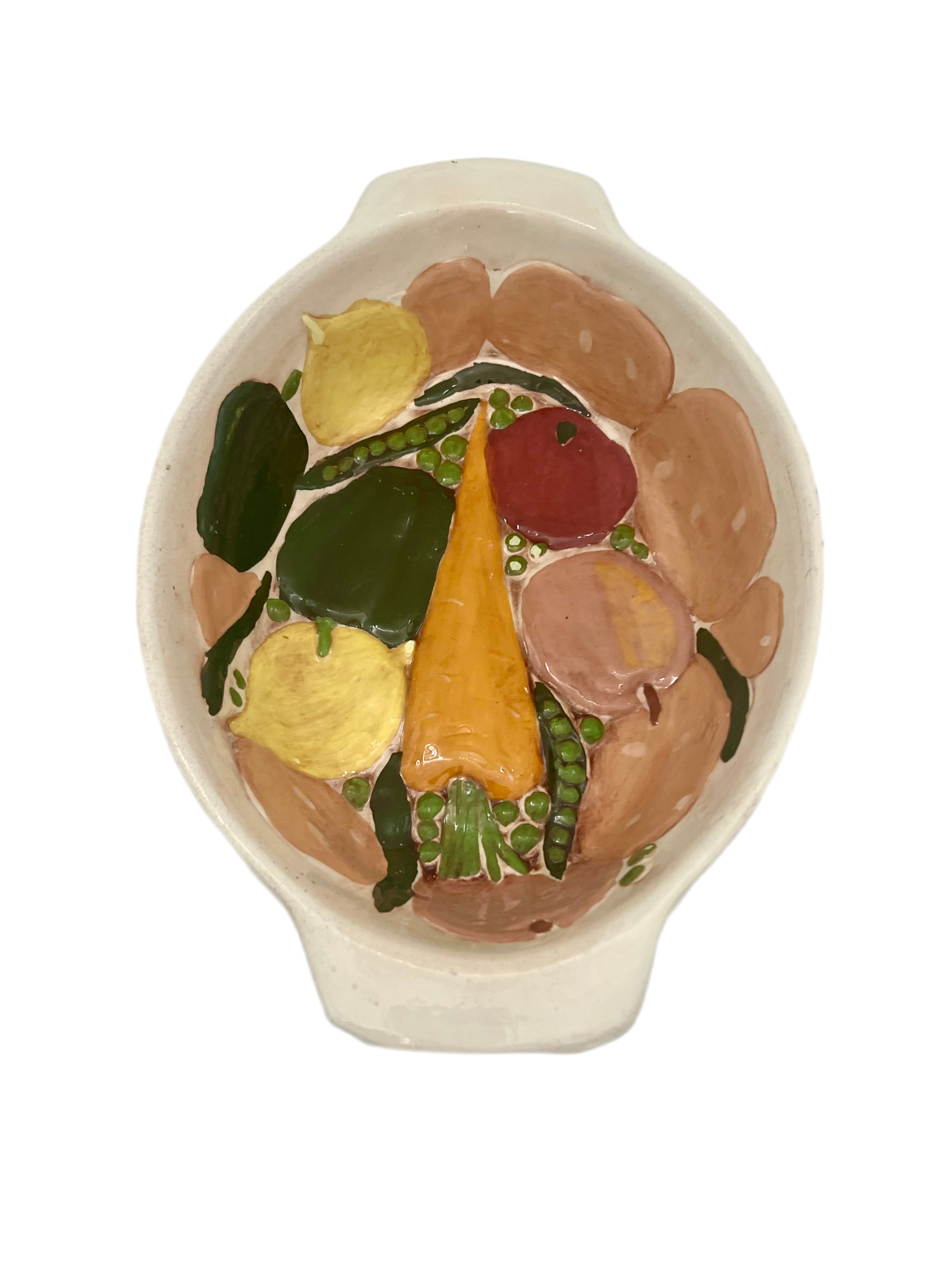 VINTAGE HAND-PAINTED VEGETABLE RELIEF CERAMIC CASSEROLE DISH – SIGNED “TH”, MID-CENTURY STUDIO POTTERY