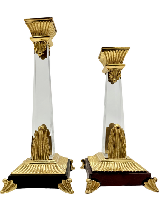 Pair of Vintage Crystal Obelisk Candlesticks with Gilt Brass Mounts