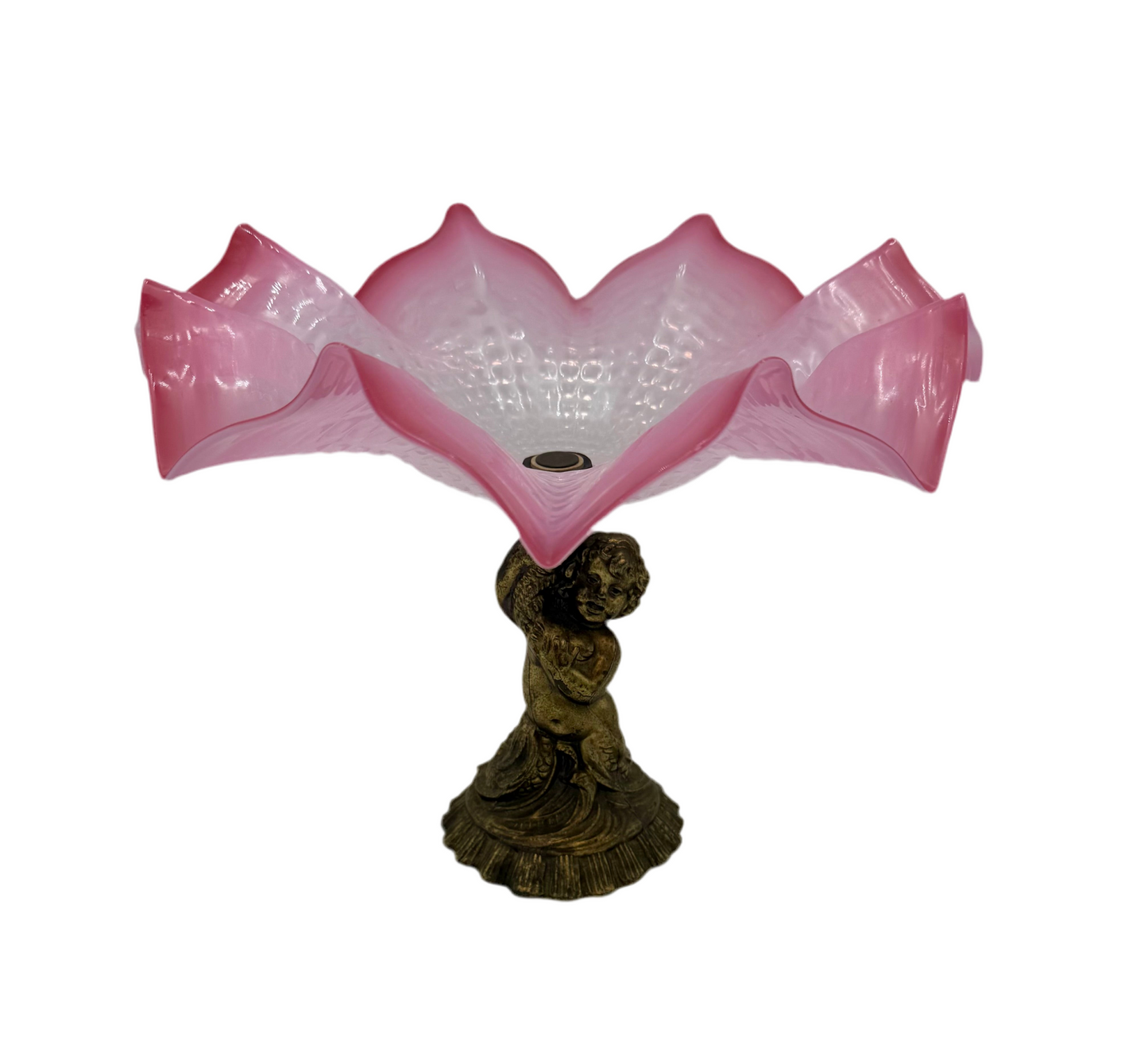ANTIQUE CRANBERRY ART GLASS COMPOTE WITH CHERUB BASE – VICTORIAN RUFFLED EDGE BOWL – 9” TALL × 11.5” DIAMETER – CIRCA 1890–1910