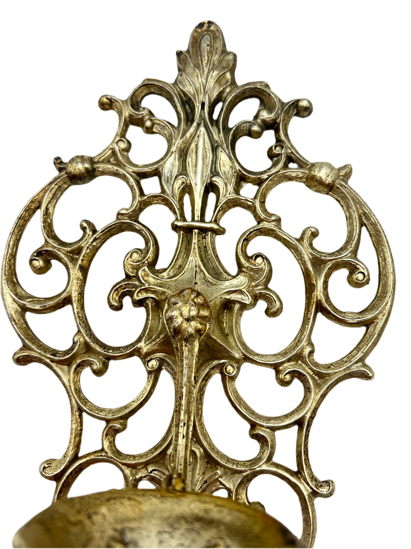 PAIR VINTAGE BRASS SCROLLWORK SCONCES WITH AQUA TULIP GLASS CUPS — HOLLYWOOD REGENCY, 9.5”
