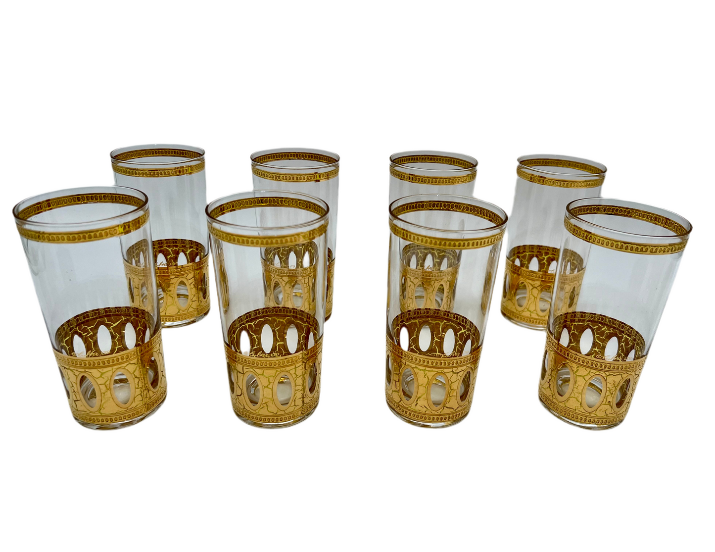 VINTAGE CULVER LTD “ANTIGUA” 22K GOLD HIGHBALL GLASSES – SET OF 8 MID-CENTURY MODERN BARWARE