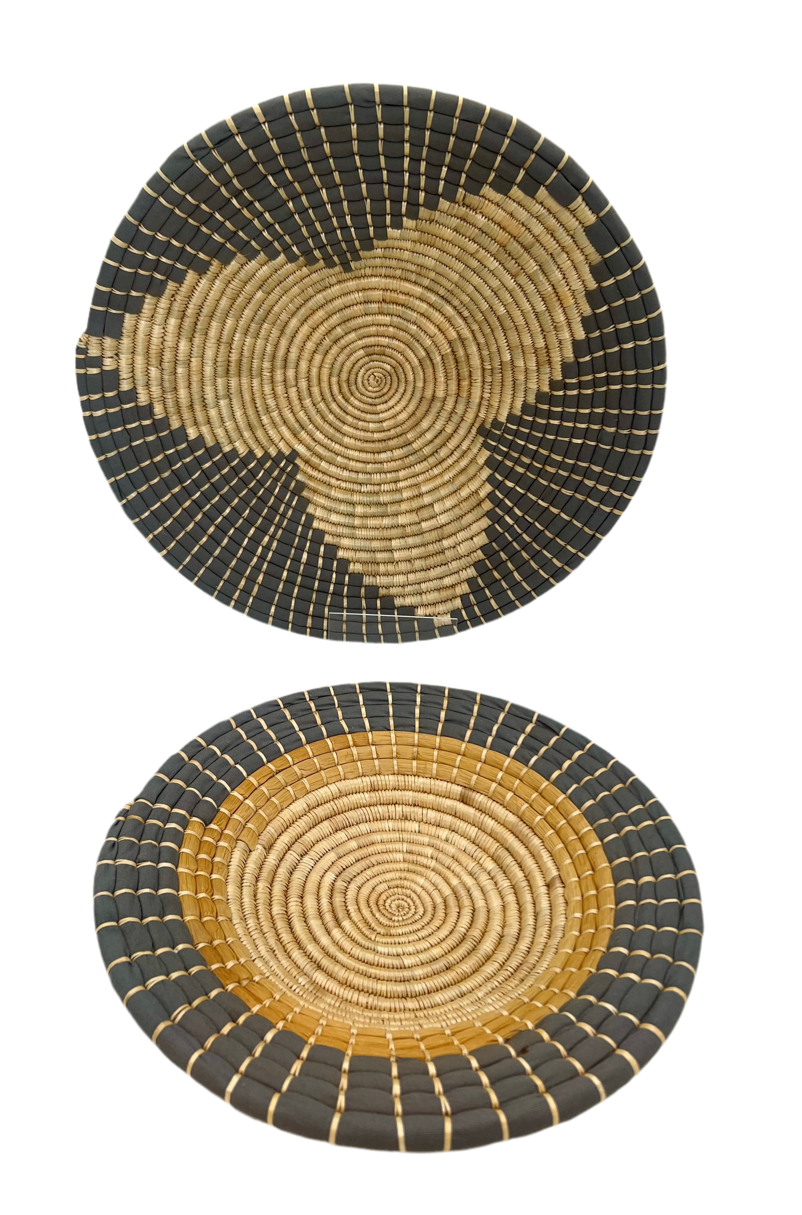 SET OF THREE VINTAGE BOHO AFRICAN WOVEN WALL PLATES – TANZANIA HANDMADE "MAUA" PATTERN