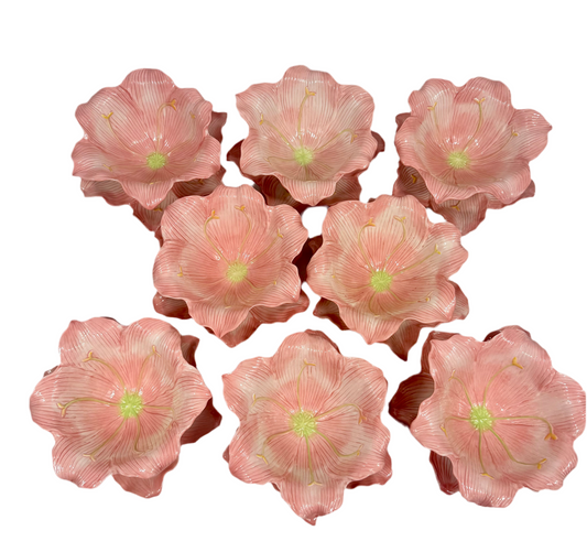 Vintage Pink Lily Ceramic Bowl & Plate Set by Nanette Vacher for Ambiance – 1990s Floral Bowl Set – Cottagecore Pink Decor – Set of 8