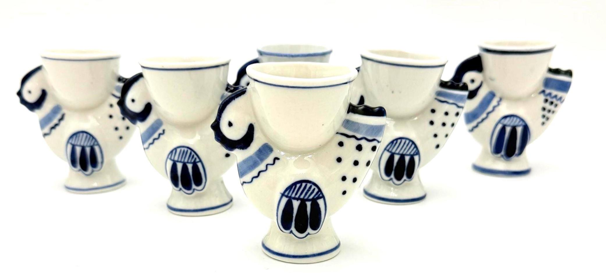 VINTAGE HAND PAINTED USSR FIGURAL ROOSTER EGG CUPS – SET OF 6 BLUE & WHITE CERAMIC FOLK ART