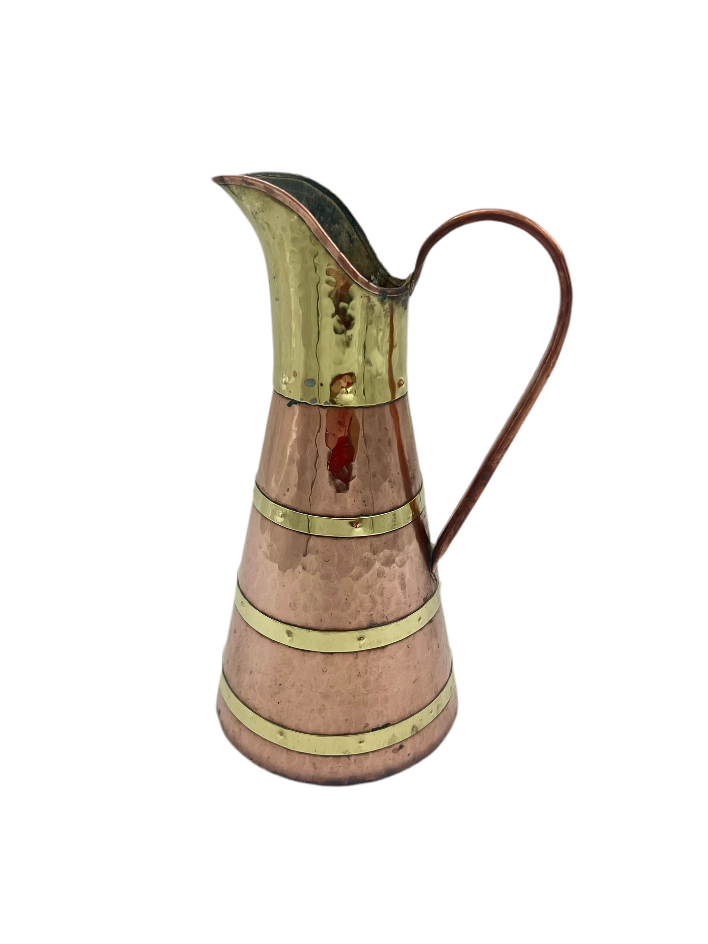 VINTAGE ENGLISH STYLE HAMMERED COPPER & BRASS PITCHER – 11.5 INCH TALL WATER EWER WITH RIVETED BANDS – ARTS & CRAFTS DECOR