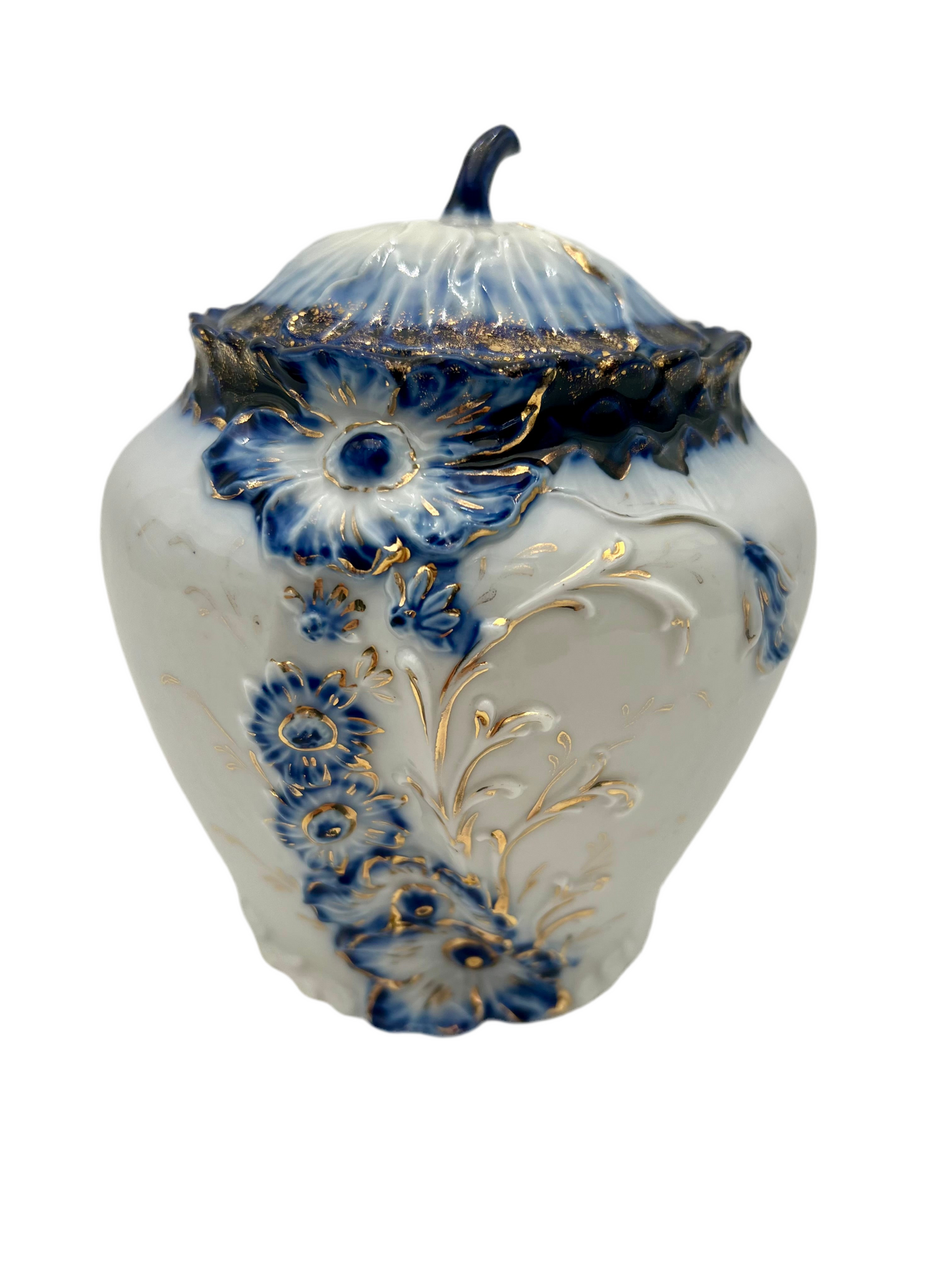 ANTIQUE COBALT BLUE & GOLD GILT PORCELAIN BISCUIT JAR WITH FLORAL RELIEF