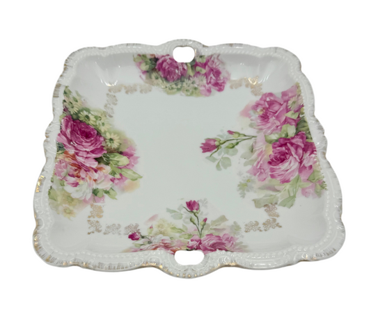 ANTIQUE HAND-DECORATED PORCELAIN FLORAL TRAY – GOLD LACE DETAIL & PINK ROSES – EARLY 1900s VICTORIAN BAVARIAN STYLE