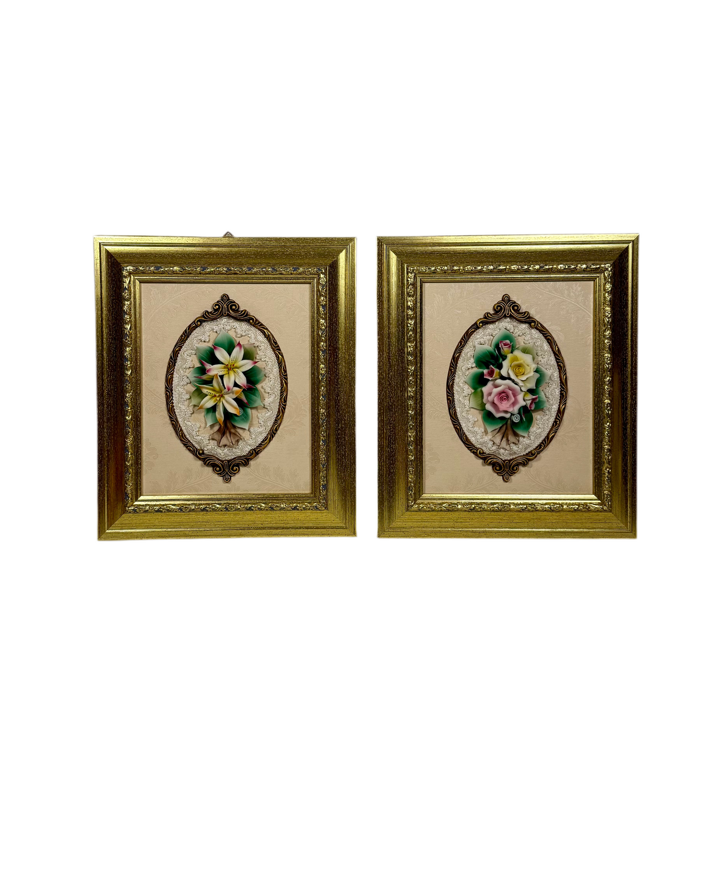 CREAZIONI ARTISTICHE DI CAPODIMONTE – VINTAGE ITALIAN PORCELAIN FLORAL WALL PLAQUES – GOLD GILT FRAMES – 16.5” × 14” – SET OF TWO